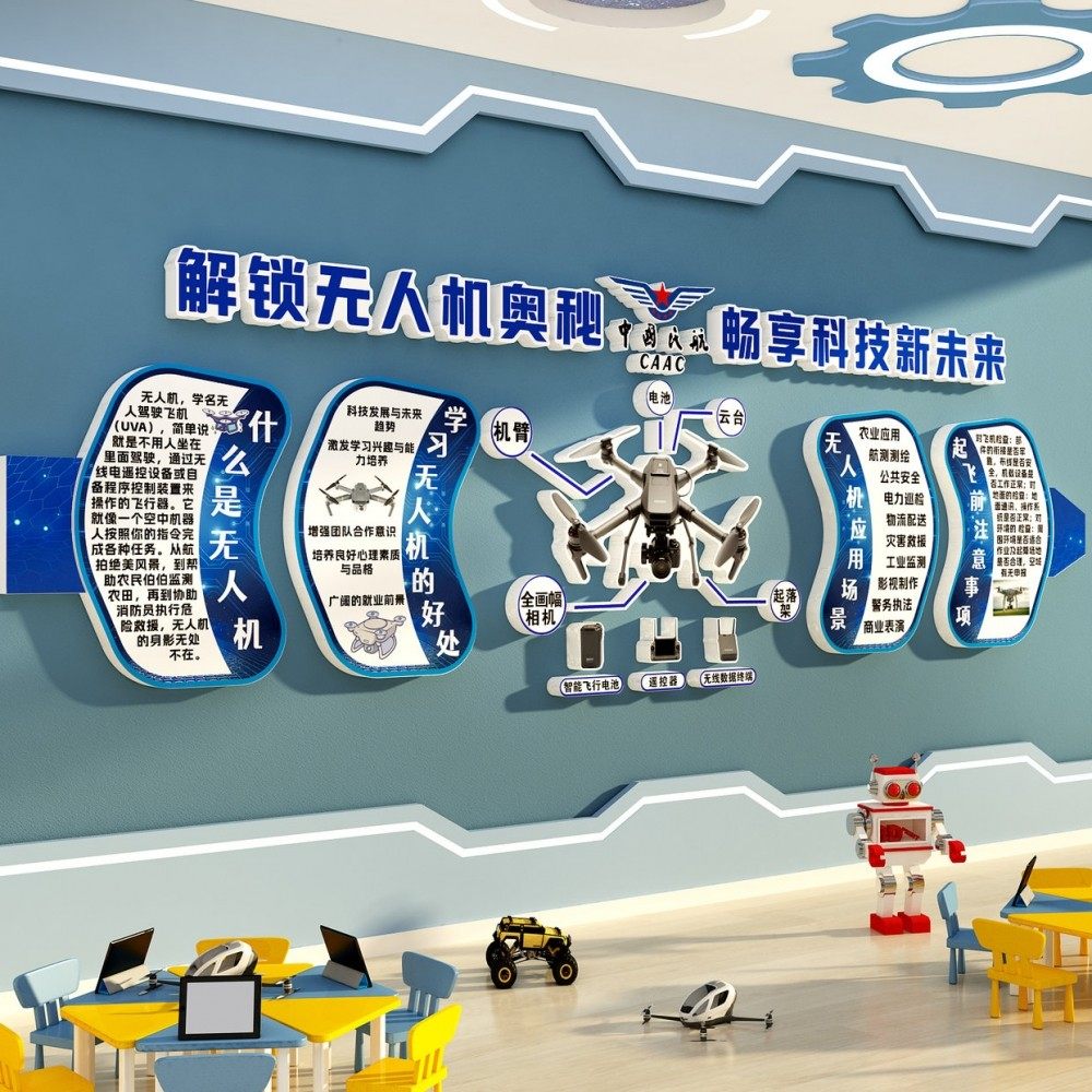 无人机科技文化墙面装饰学主题教室培训机构布置形象背景墙贴海报,淘宝优惠券,粉丝福利购,淘宝优惠卷