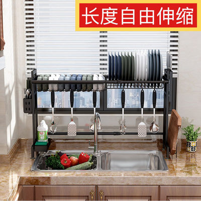 可伸缩不锈钢厨房水槽置物架碗架碗筷沥水架碗碟架水池上收纳架 虎窝淘