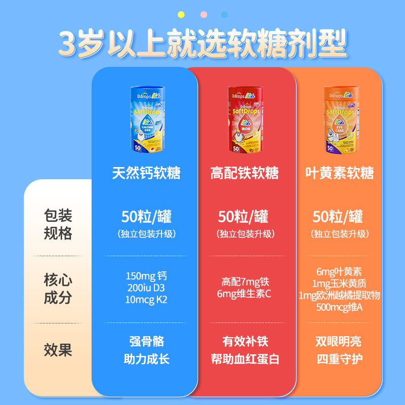 Ddrops儿童维生素软糖叶黄素护眼复合维生素维c藻油DHA补铁补锌糖