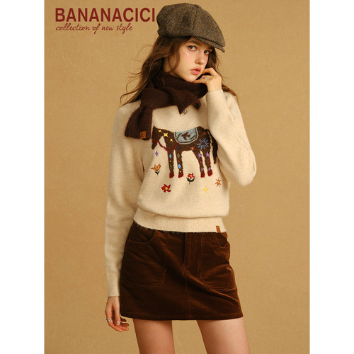 BANANA CICI2025年秋冬新款小马刺绣圆领毛衣针织衫/灯芯绒半裙 - 图0