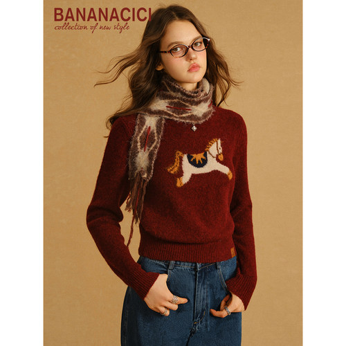 BANANA CICI2025年秋冬新款小马刺绣圆领毛衣针织衫/灯芯绒半裙 - 图2