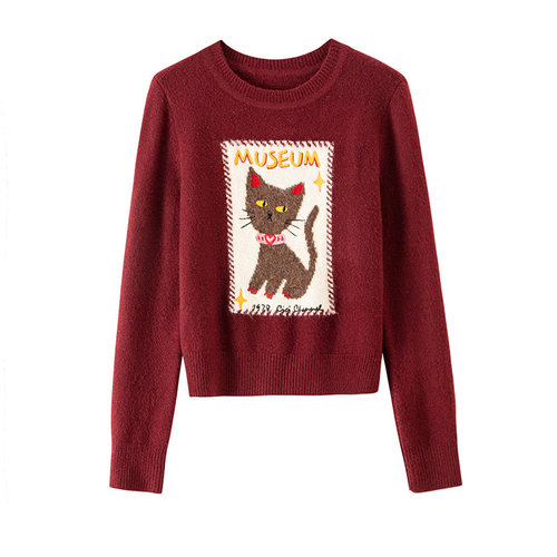 BANANA CICI2025年冬季原创撞色猫咪刺绣安可拉红毛衣针织衫 - 图3