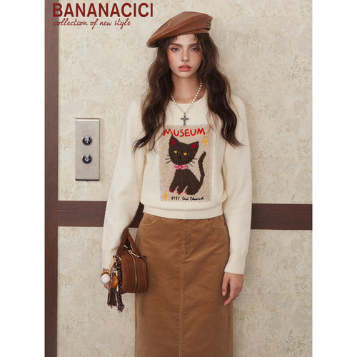 BANANA CICI2025年冬季原创撞色猫咪刺绣安可拉红毛衣针织衫 - 图1