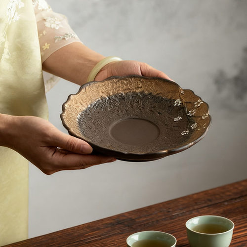 梅花銮金壶承粗陶干泡台壶垫储水式复古陶瓷茶道配件茶盘 - 图2