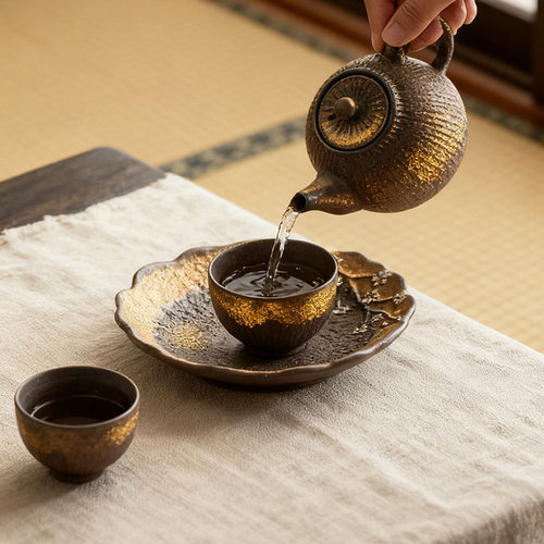 梅花銮金壶承粗陶干泡台壶垫储水式复古陶瓷茶道配件茶盘 - 图1