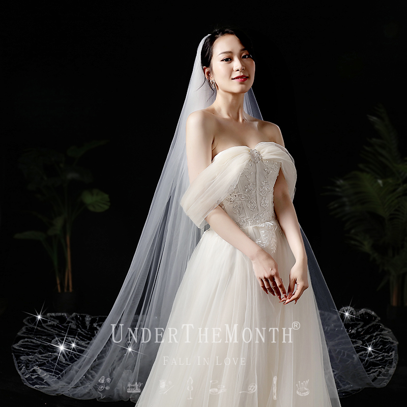 新娘闪闪亮片长头纱结婚主婚纱超仙韩式大拖尾舞台婚礼头纱头饰 - 图0
