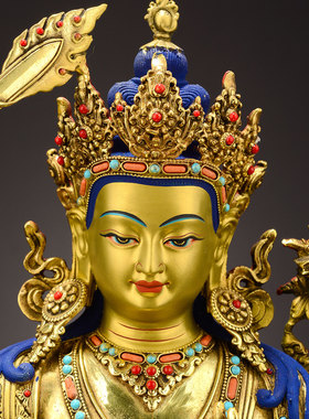 藏老喵铜鎏金文殊菩萨铜雕像摆件