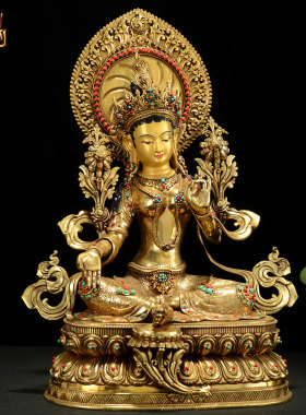 藏式鎏金绿度母铜器摆件带背光像