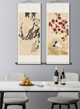 熊猫卷轴画动物挂画宝宝房间装饰画丝绸Z画绢画玄关装饰可定制国