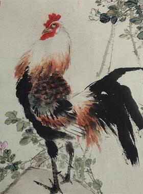 1:1真迹x复制画王雪涛公鸡月季花国画花鸟水墨画宣纸画中式装饰