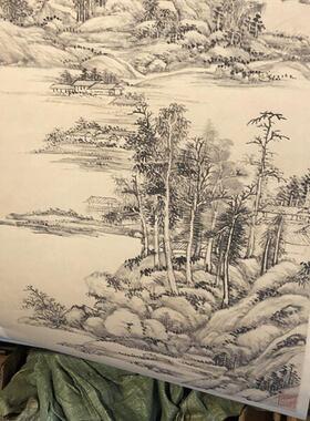 王原祁仿吴镇山水图高清微喷四u王山水画临摹绢布画稿传统山水范