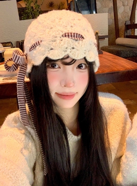 韩里韩气的帽子蝴蝶结飘带镂空针织帽女春秋季包头帽显脸小毛线帽
