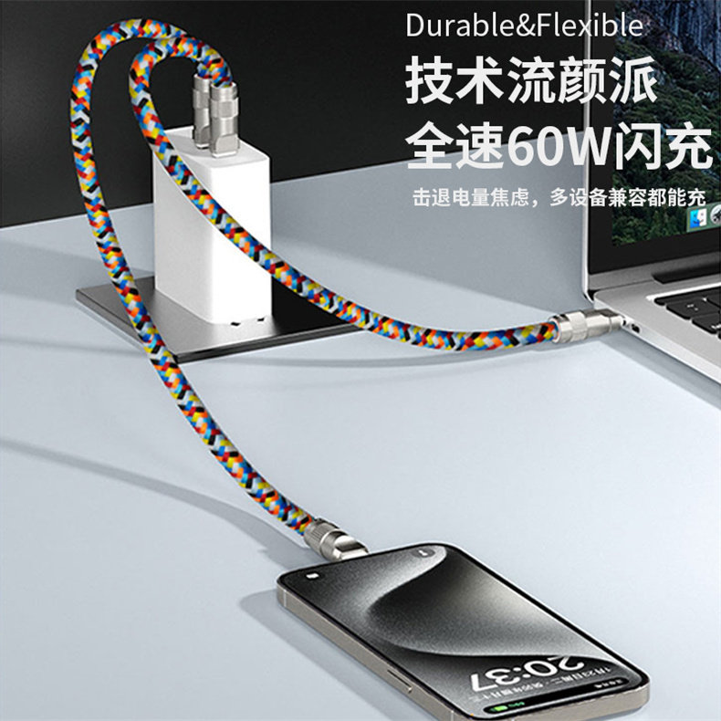 秀卫锌合金锁扣编织线PD快充挂绳充电线适用于华为苹果15/16手机数据线闪充线双Type-C线安全快充斜跨手腕