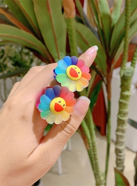 可爱卡通童趣戒指女亚克力树脂食指戒ins小众设计简约彩虹指环潮