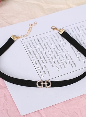 创意黑色脖Choker颈带颈链金色合金镂空装饰项链短款闪钻配饰颈部