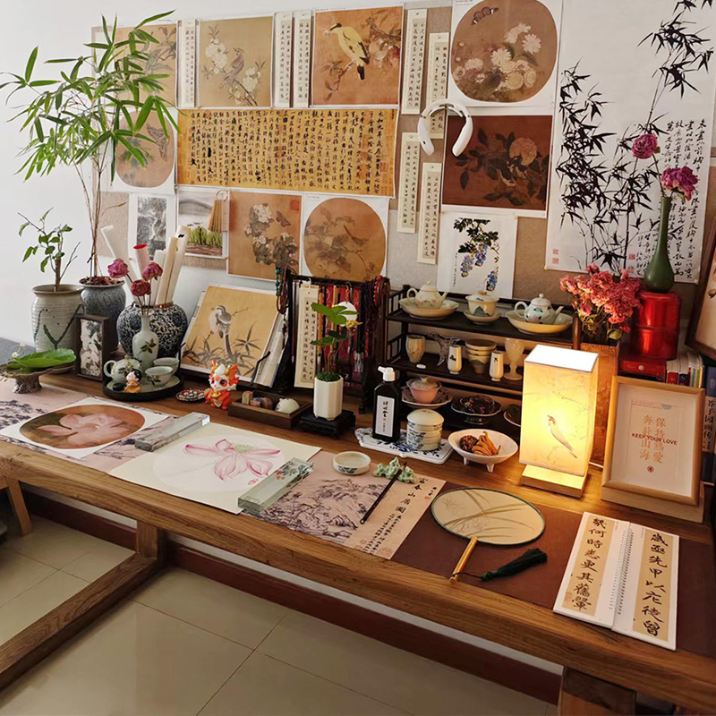 泊逸开放式书房桌大板桌去客厅化新中式国风书法桌老榆木学习书桌 - 图0