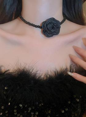 黑色系珍珠布艺花朵绑带项链简约高级感choker颈链时尚锁骨链项饰