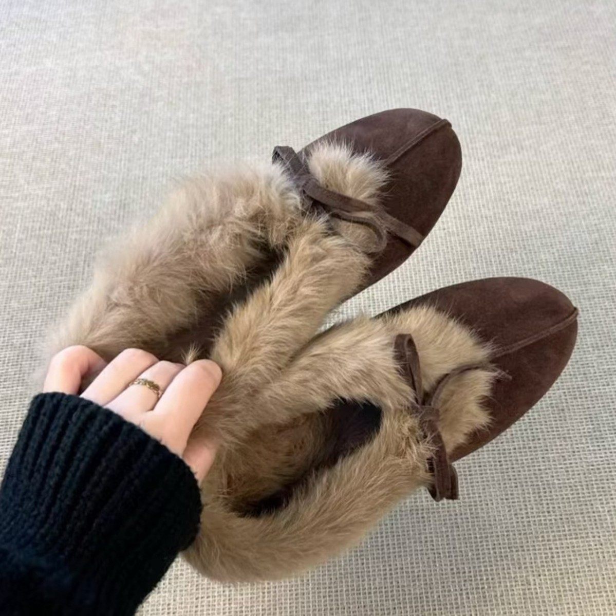 2025新款秋冬保暖百搭平底加绒单鞋女复古蝴蝶结一脚蹬懒人毛毛鞋,淘宝优惠券,粉丝福利购,淘宝优惠卷