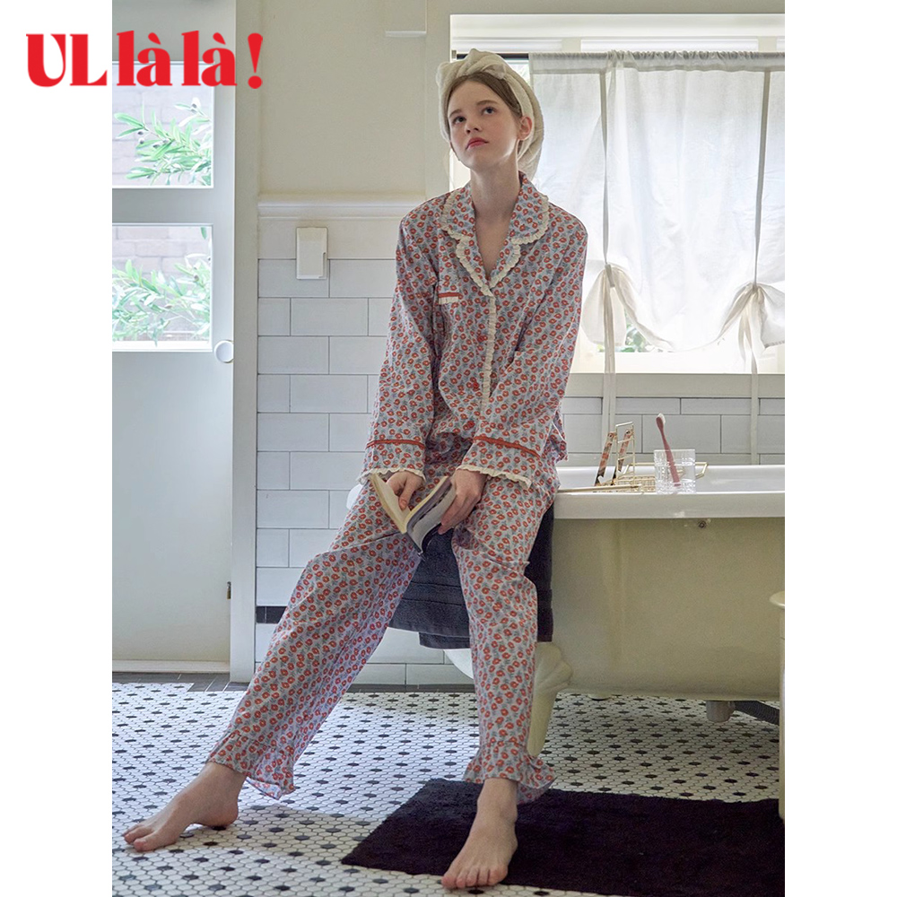 【2024春季新品】ULLALA纯棉睡衣套装碎花V领开衫休闲家居服韩国-图3