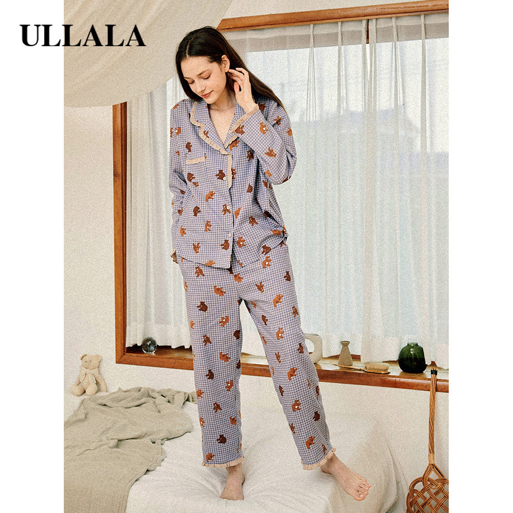 ullala乌拉拉韩国女翻领小熊秋睡裤 ullala睡衣/家居服套装