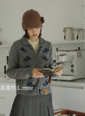 蓝墨竹L.MOZ金智妮同款山茶花针织帽冬季保暖护耳帽百搭毛线冷帽