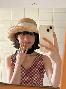 蓝墨竹蝴蝶结拉菲草帽女2025春夏新款海边度假大帽檐防晒帽子