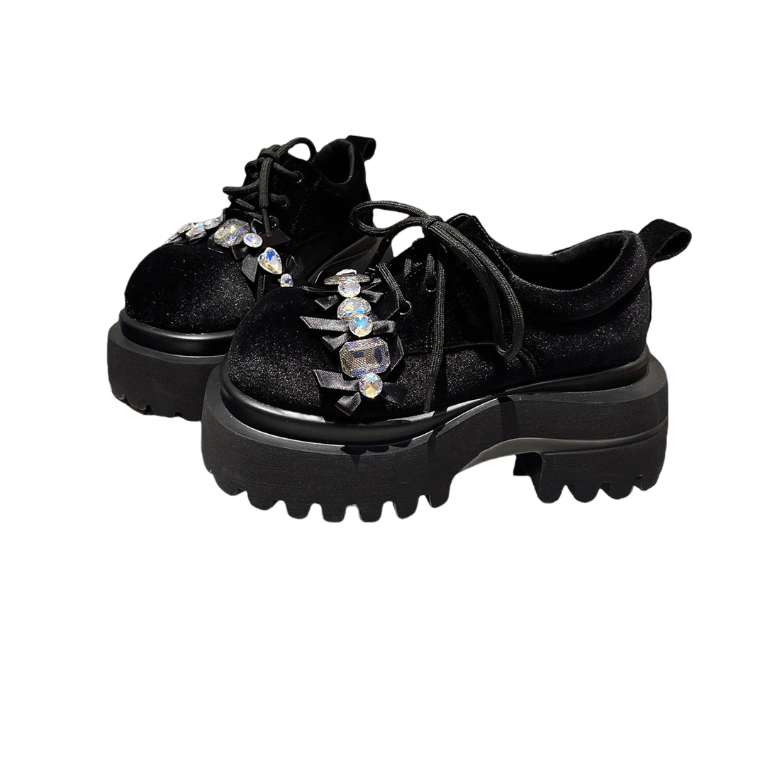 欧货金丝绒系带水钻大头重工蝴蝶结JK小皮鞋乐福鞋小个子7cm女鞋,淘宝优惠券,粉丝福利购,淘宝优惠卷