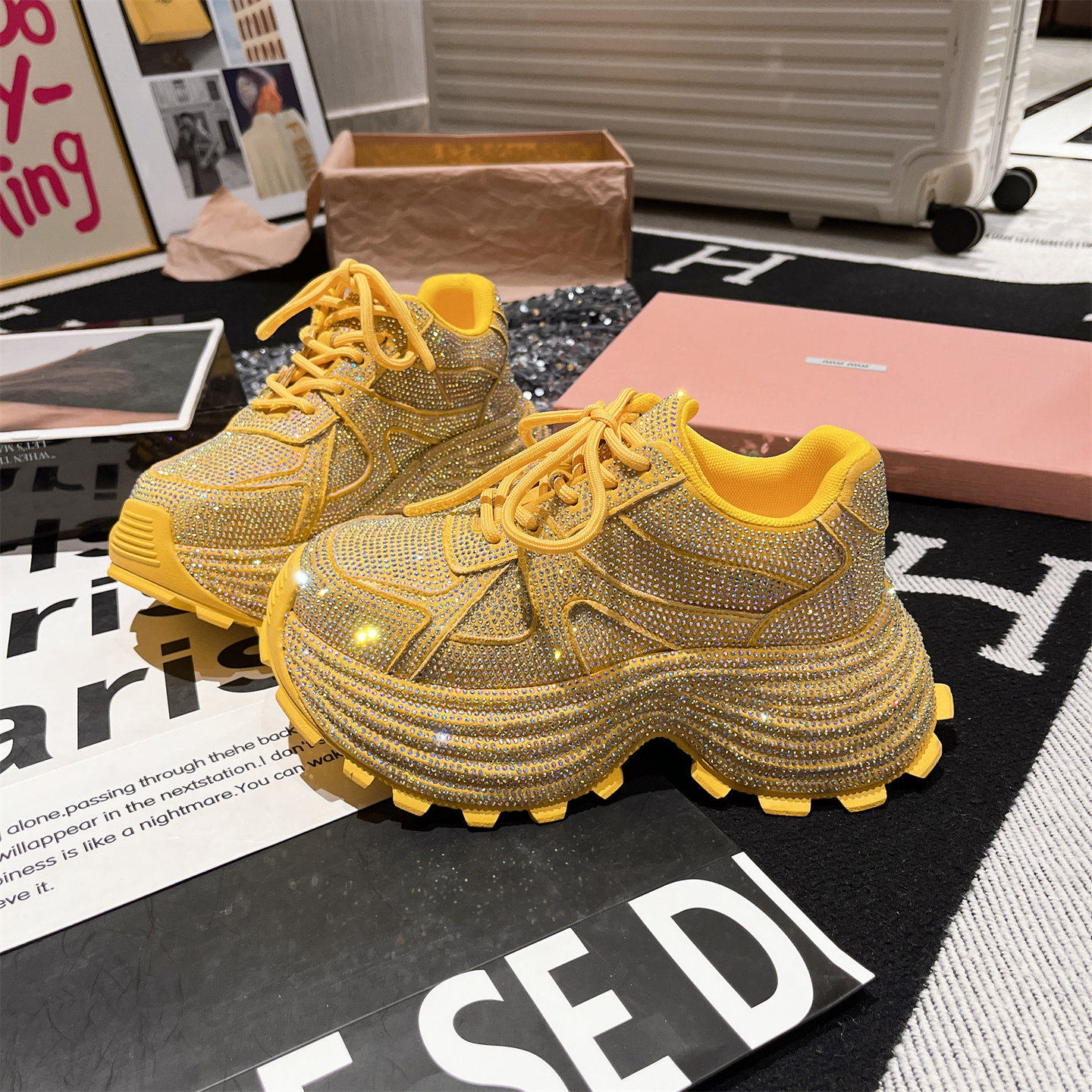 7cm~欧货新款水钻满钻系带厚底松糕小个子老爹鞋运动鞋满天星女鞋,淘宝优惠券,粉丝福利购,淘宝优惠卷