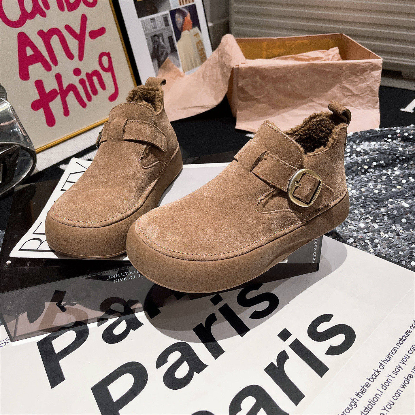 欧货冬季新款真皮羊毛金属扣高帮勃肯鞋雪地棉靴面包鞋平底鞋女鞋,淘宝优惠券,粉丝福利购,淘宝优惠卷