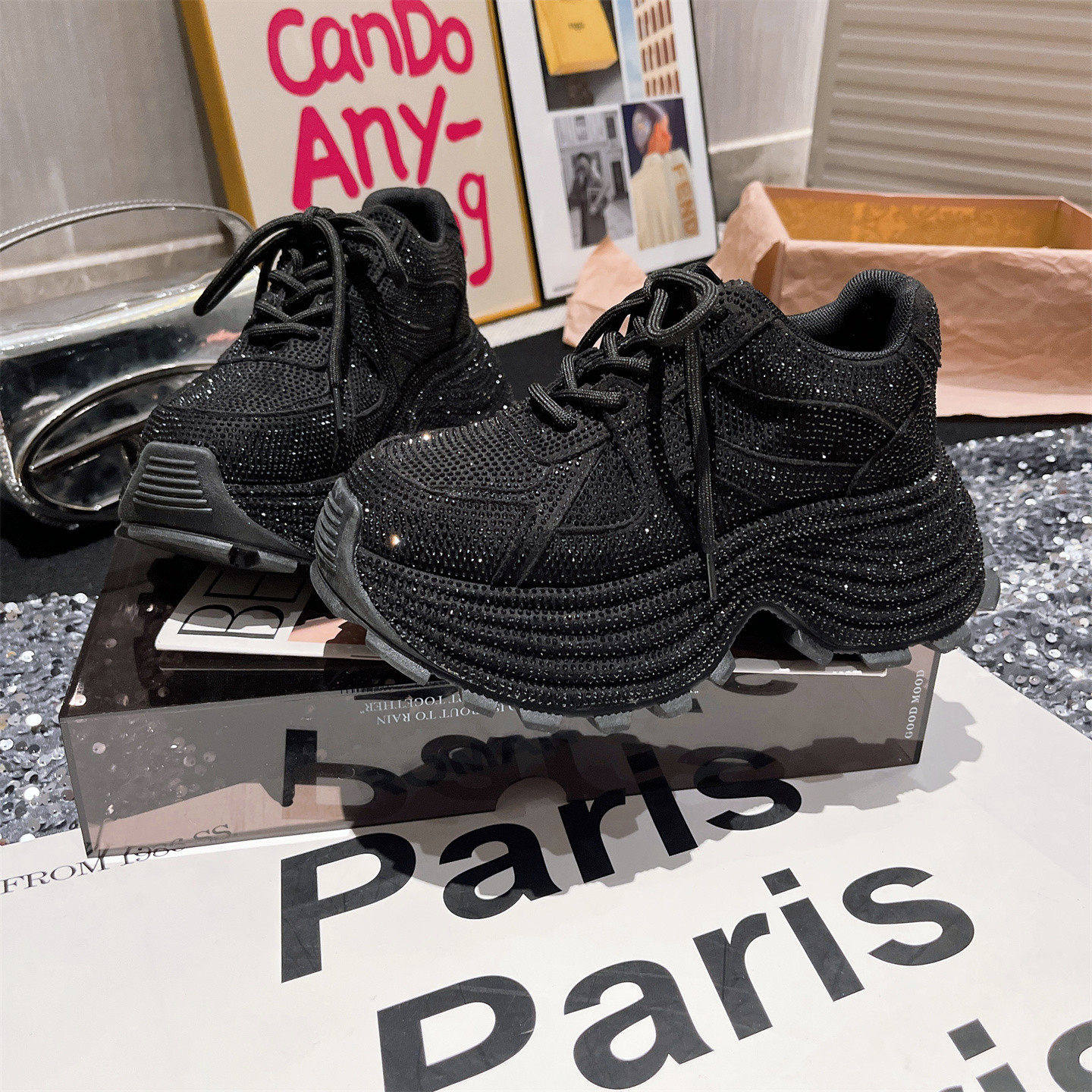 7cm~欧货新款水钻满钻系带厚底松糕小个子老爹鞋运动鞋满天星女鞋,淘宝优惠券,粉丝福利购,淘宝优惠卷