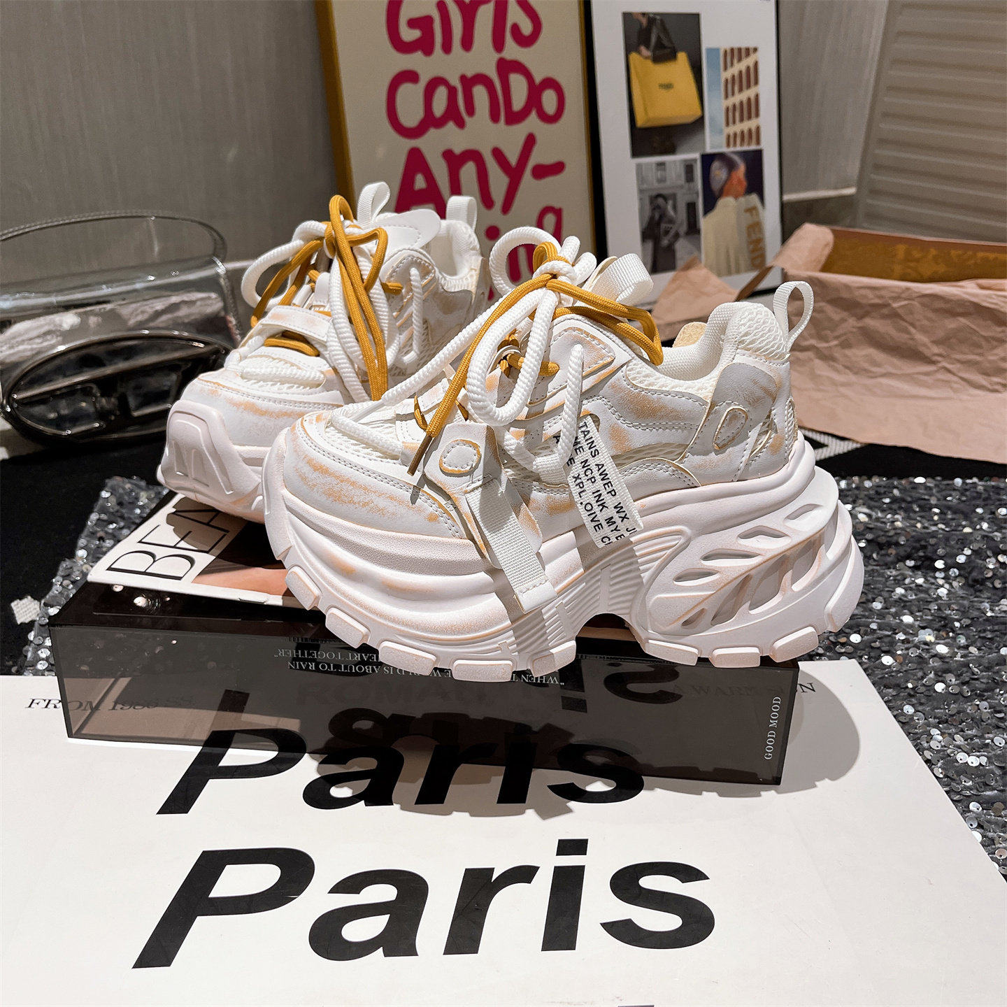 真皮版~韩版擦色做旧系带厚底松糕超高跟小个子老爹鞋8cm运动鞋女,淘宝优惠券,粉丝福利购,淘宝优惠卷