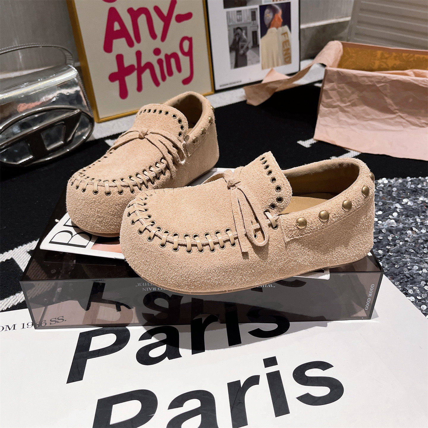 真皮版~大头编织铆钉蝴蝶结豆豆鞋勃肯鞋乐福鞋一脚蹬平底鞋女鞋,淘宝优惠券,粉丝福利购,淘宝优惠卷