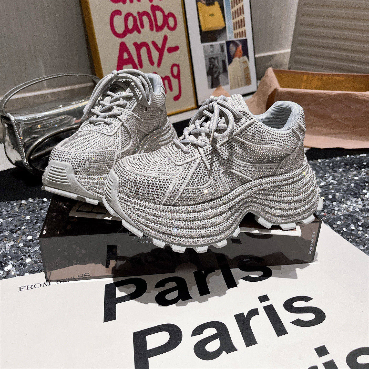 7cm~欧货新款水钻满钻系带厚底松糕小个子老爹鞋运动鞋满天星女鞋,淘宝优惠券,粉丝福利购,淘宝优惠卷