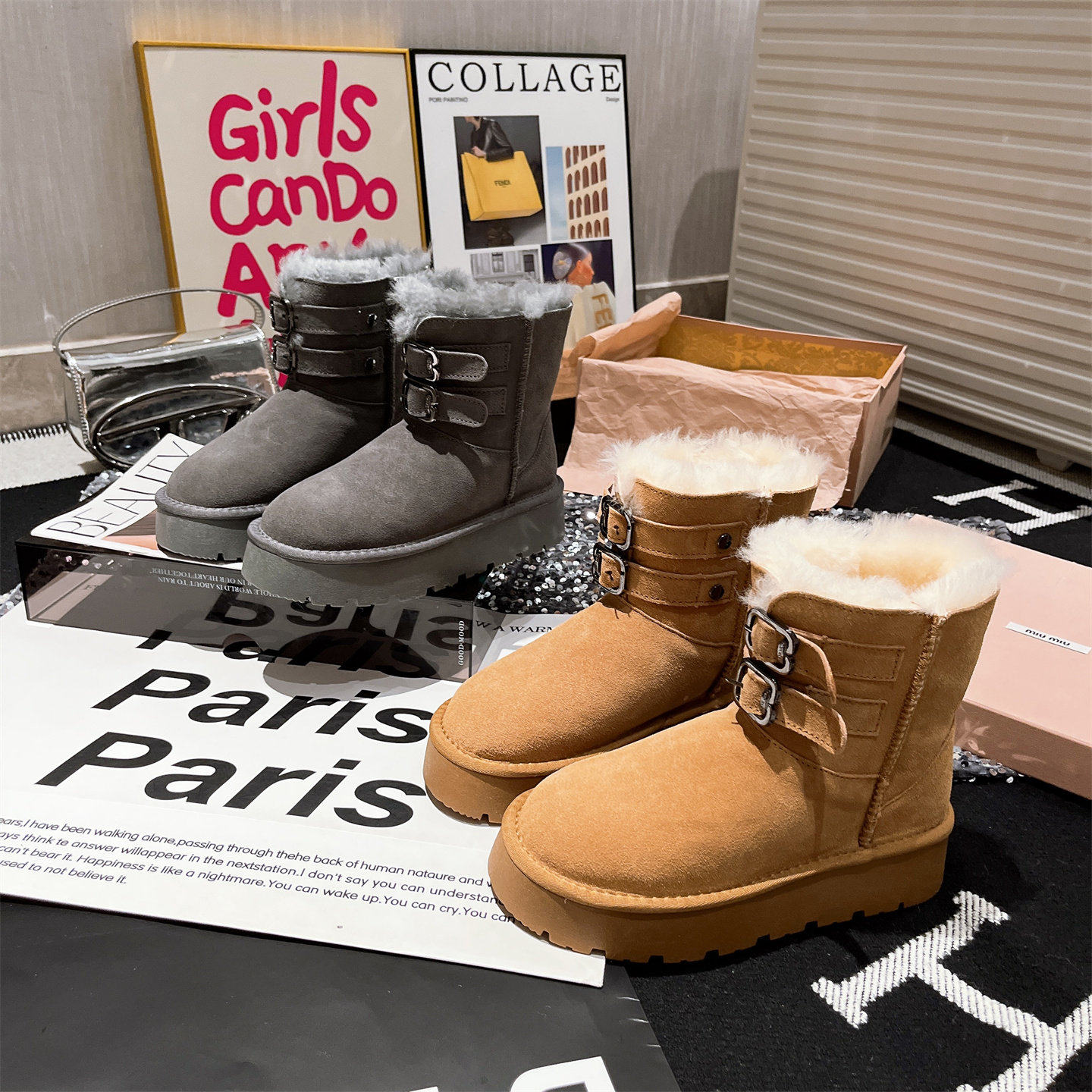2025新款真皮羊毛金属扣厚底松糕雪地棉靴加厚保暖短靴小个子女鞋,淘宝优惠券,粉丝福利购,淘宝优惠卷