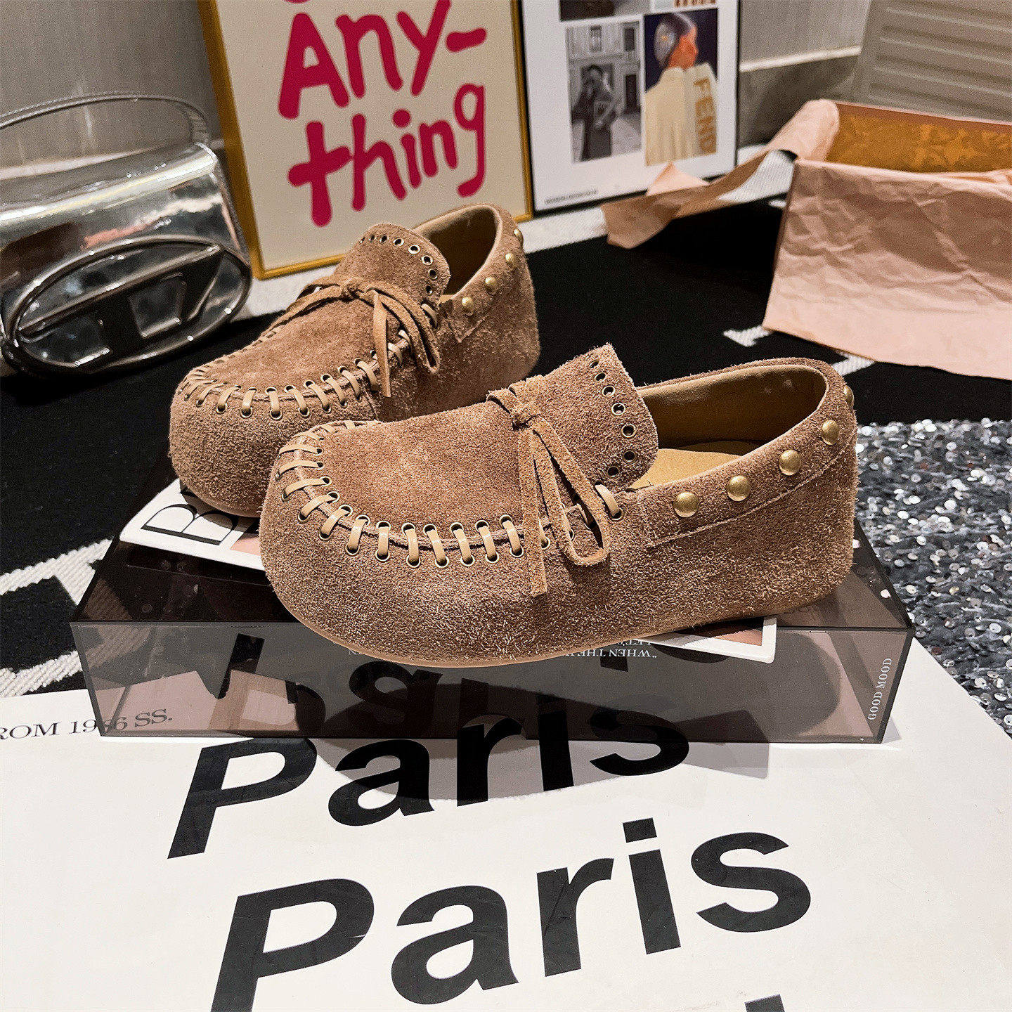 真皮版~大头编织铆钉蝴蝶结豆豆鞋勃肯鞋乐福鞋一脚蹬平底鞋女鞋,淘宝优惠券,粉丝福利购,淘宝优惠卷