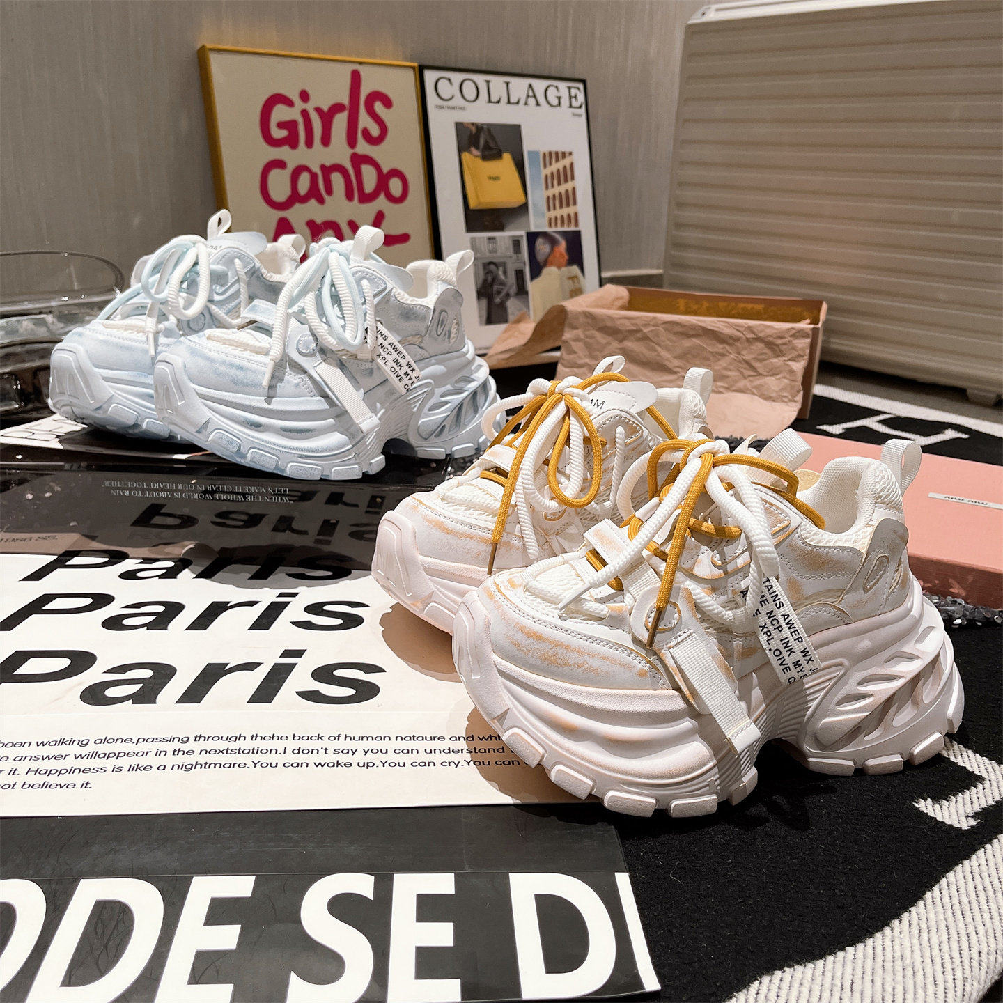 真皮版~韩版擦色做旧系带厚底松糕超高跟小个子老爹鞋8cm运动鞋女,淘宝优惠券,粉丝福利购,淘宝优惠卷