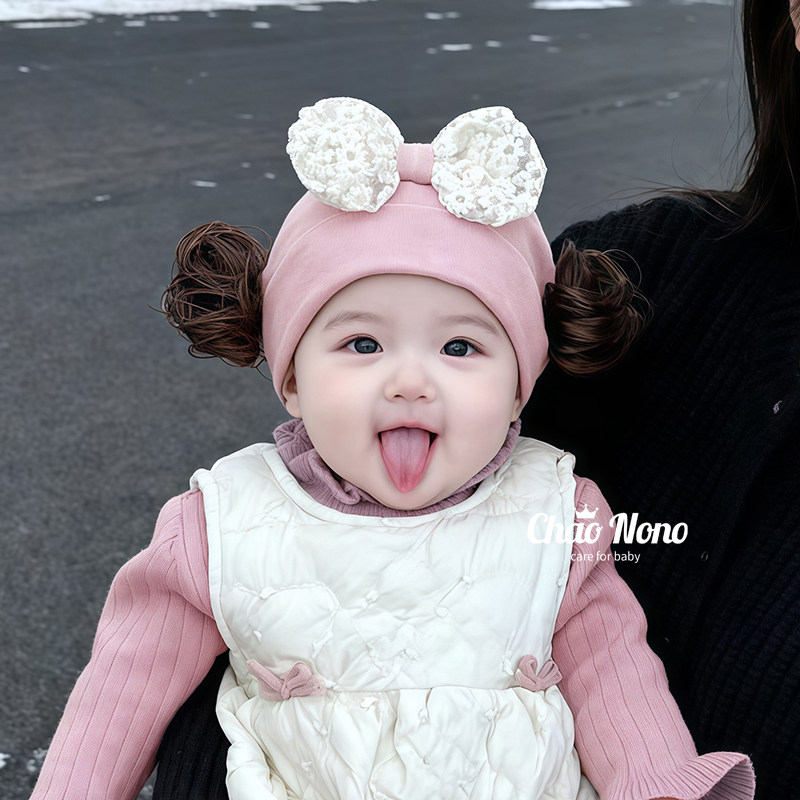 秋冬婴儿帽子女宝宝蝴蝶结假发丸子头护囟门胎帽婴幼儿公主套头帽,淘宝优惠券,粉丝福利购,淘宝优惠卷