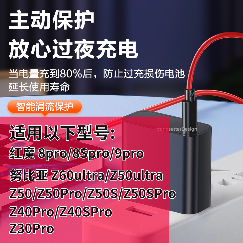 80W 快充适用红魔8pro/8Spro/9pro/10pro/10Air充电器头努比亚z60ultra/z50spro/z50ultra/z40/30数据充电线 - 图0