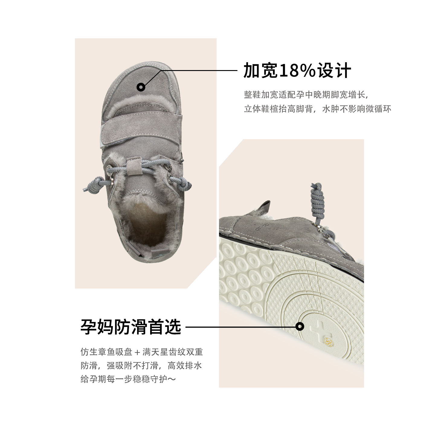 THEMULE灰色雪地靴女丑萌勃肯鞋加绒孕妇皮毛一体防滑魔术贴宽楦,淘宝优惠券,粉丝福利购,淘宝优惠卷