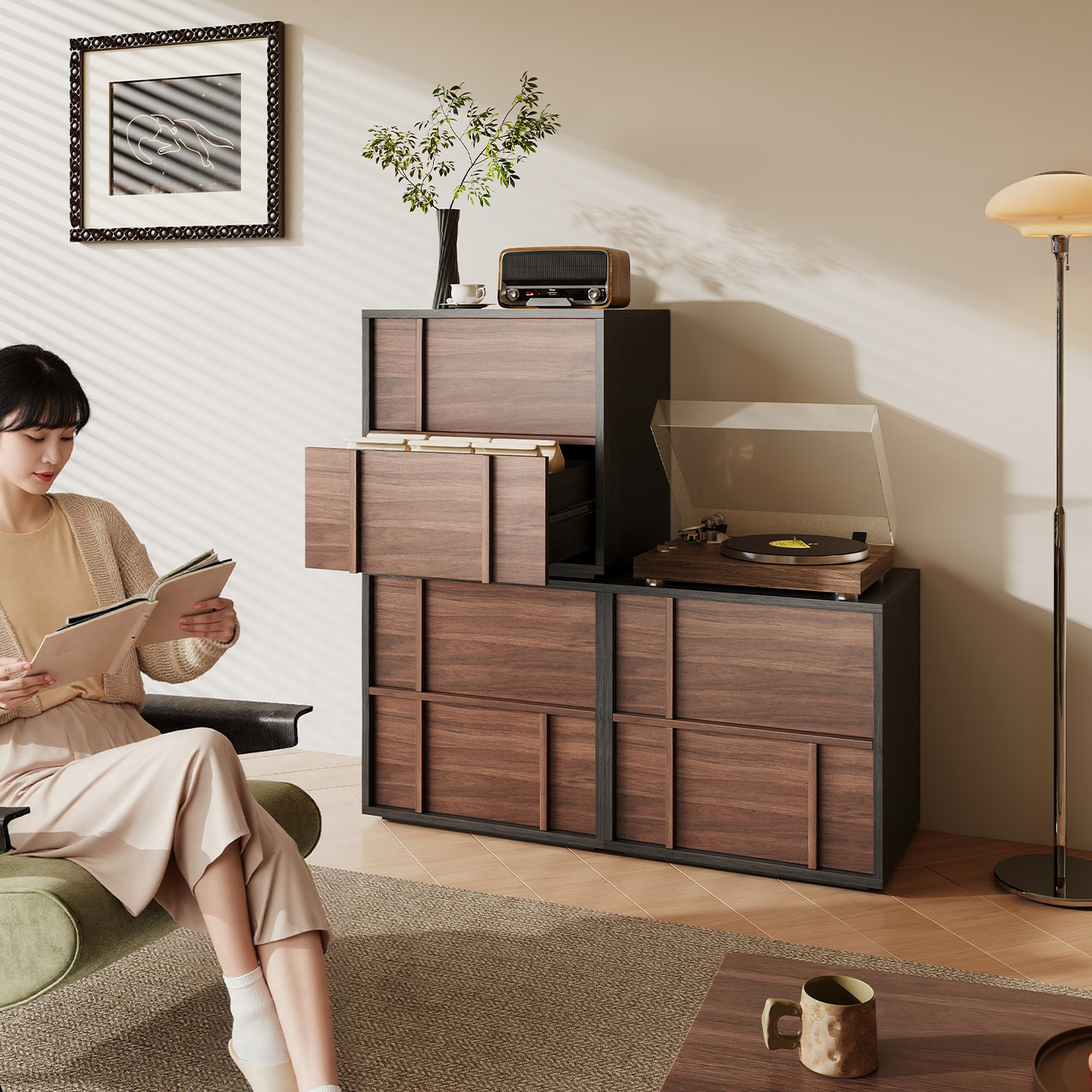 实木组合斗柜撞色复古家用客厅落地电视柜多功能收纳储物模块柜子,淘宝优惠券,粉丝福利购,淘宝优惠卷