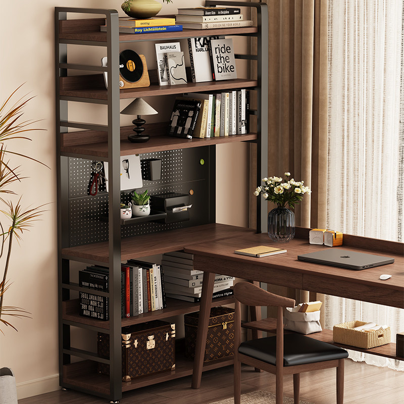 Extended floor-to-ceiling storage shelf bookshelf next to the hole board table