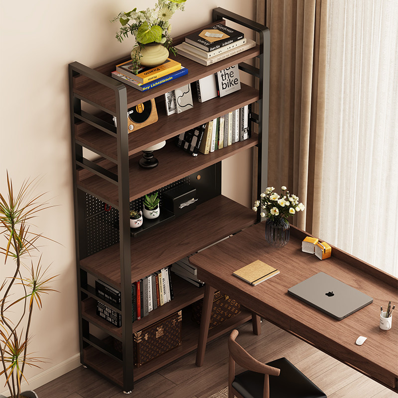 Extended floor-to-ceiling storage shelf bookshelf next to the hole board table