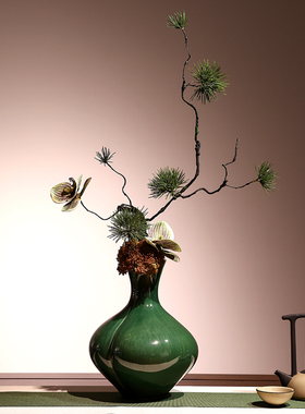 迎客松针仿真绿植枯藤树枝盆景崖柏陶瓷花瓶套装禅意茶室花艺装饰