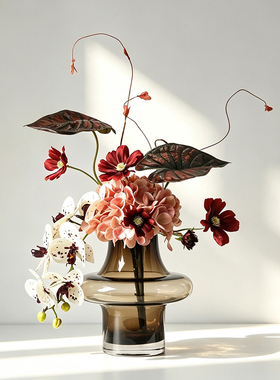 中古轻奢蝴蝶兰焦糖设计师款花束客厅花瓶插花仿真假花桌面装饰品