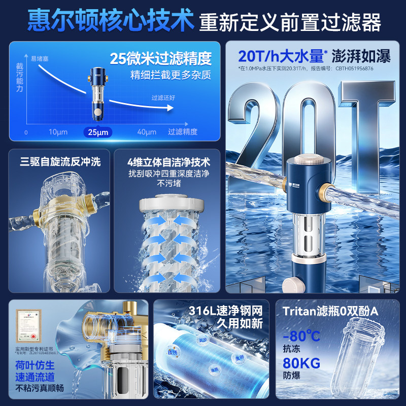 惠尔顿前置过滤器家用25微米反冲洗净水器超20T自动清洗P0038Pro