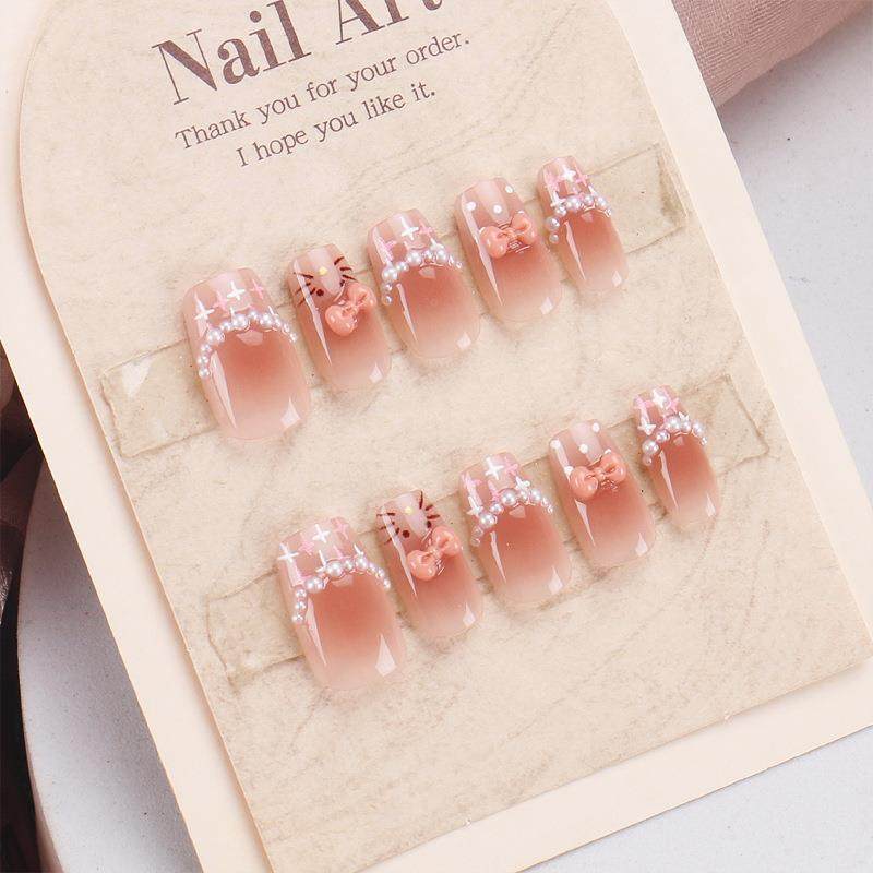 穿戴美甲片猫咪甜美蝴蝶结短款粉色可爱法式猫眼纯手工腮红穿戴甲,淘宝优惠券,粉丝福利购,淘宝优惠卷