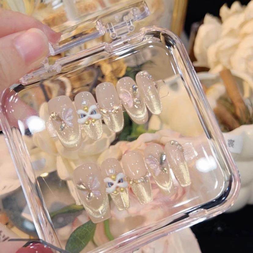 【烫金醒狮】纯手工穿戴甲高级轻奢穿猫眼戴式美甲贴显白10片,淘宝优惠券,粉丝福利购,淘宝优惠卷