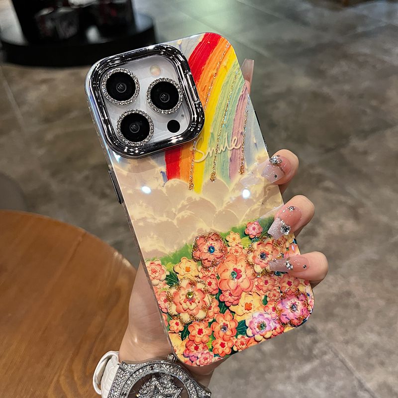 适用苹果系列iPhone16新款手机壳15promax大孔支架镜框升级款14pro/13promax油画彩虹花海配镜头膜网红保护套