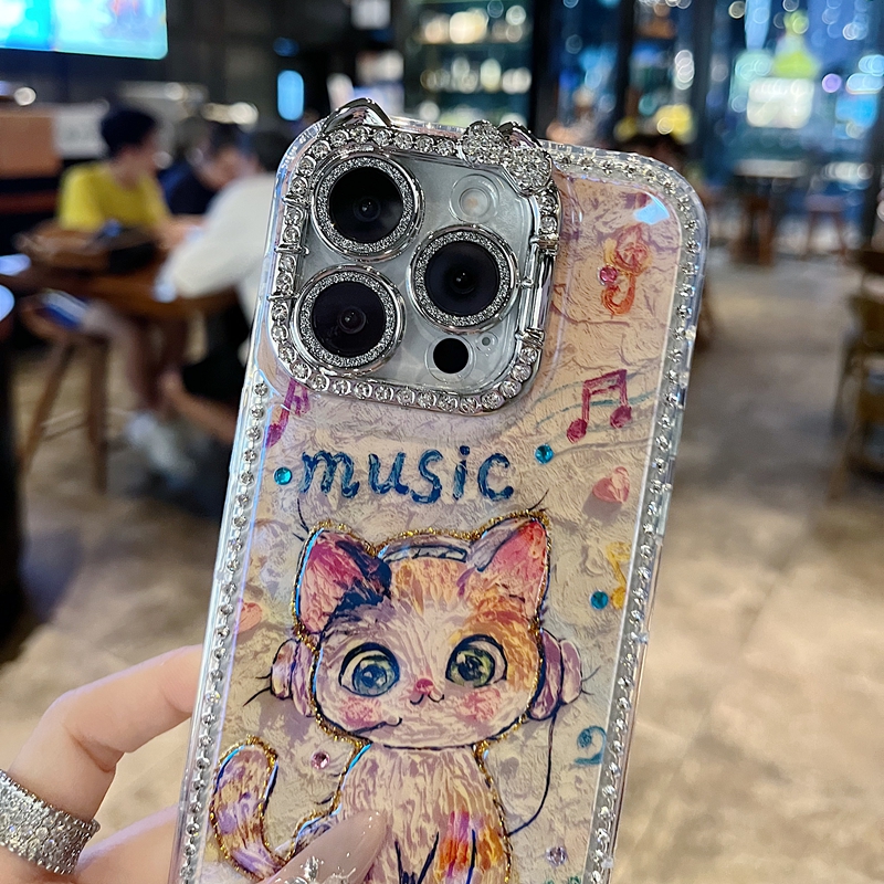 适用苹果系列iPhone 16新款手机壳15pro/14promax小众油画摇滚猫咪13/16promax猫咪一体支架钻框镜头膜保护套 - 图1