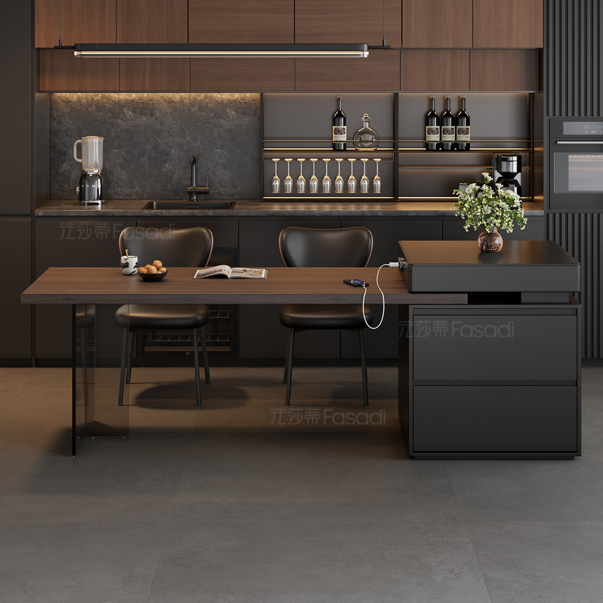 中古风胡桃木纹下挂岩板餐桌椅组合简约小户型岛台餐桌,淘宝优惠券,粉丝福利购,淘宝优惠卷